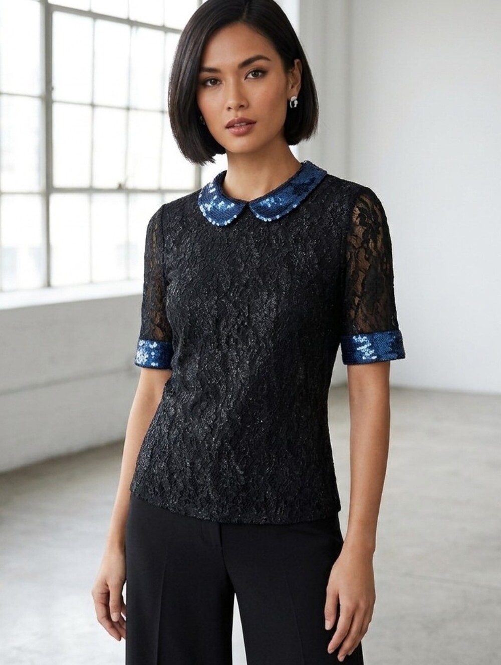 W118 by Walter Baker black peter pan collar lace top medium